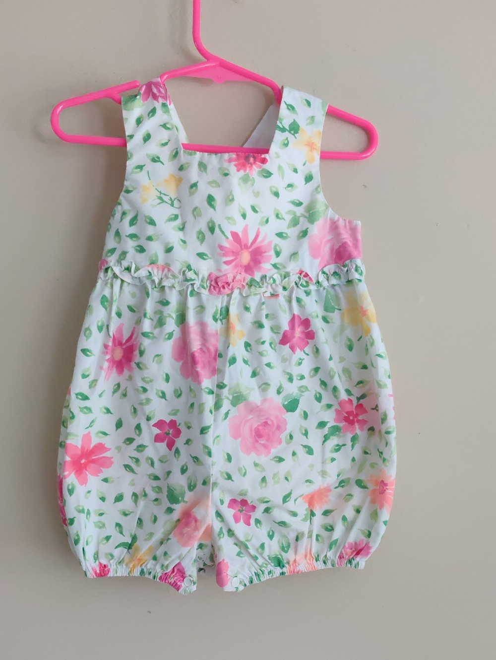 Kelly's Kids White Floral Bubble Bodysuit Romper with Pink and Green Accents